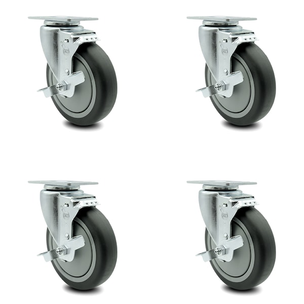 Service Caster 5 Inch Thermoplastic Rubber Wheel Swivel Top Plate Caster Set with Brake SCC SCC-20S514-TPRB-TLB-4 - main